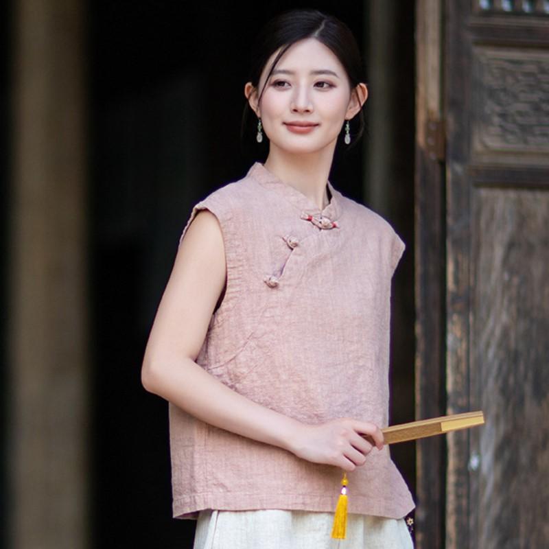 Johnature Women Vintage Shirts Tops Summer Chinese Style Solid Color Sleeveless Stand Button Blouses