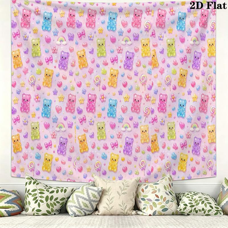 Rainbow Gummy Bear Wall Tapestry Aesthetic Wall Hanging Printed Fabric Blanket Decorative Tapestries for Bedroom Living Room Home Decor