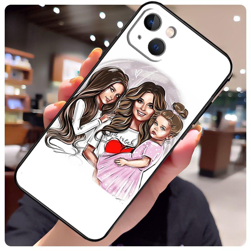 Черные Каштановые Волосы Малыш Мама Девочка Сын Чехол Для iPhone 15 Pro Max 14 13 12 11 16 17 Pro Max mini 15 16 Plus 16e 17 Air Чехол Для Телефона