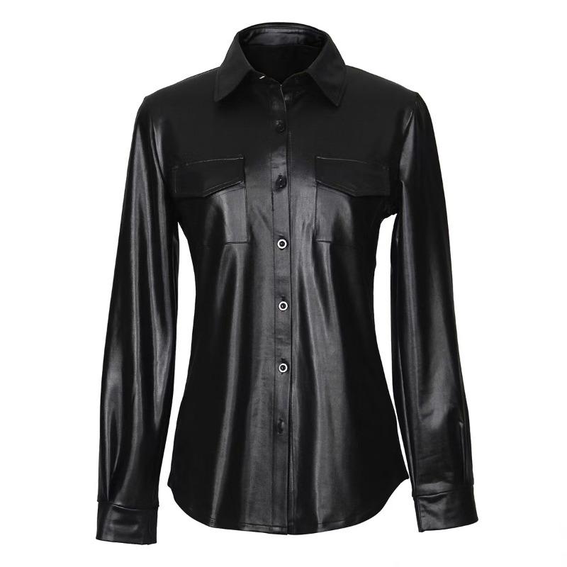 Women's Casual Short Long Sleeve Blazer with Breast Pocket Buttons Faux PU Leather Shirt Jacket