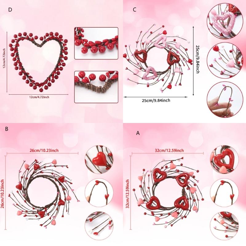 Valentine Candle Rings Wreaths Heart Berries Candle Holders Mini Wreaths for Party Wedding Window Table Centerpieces