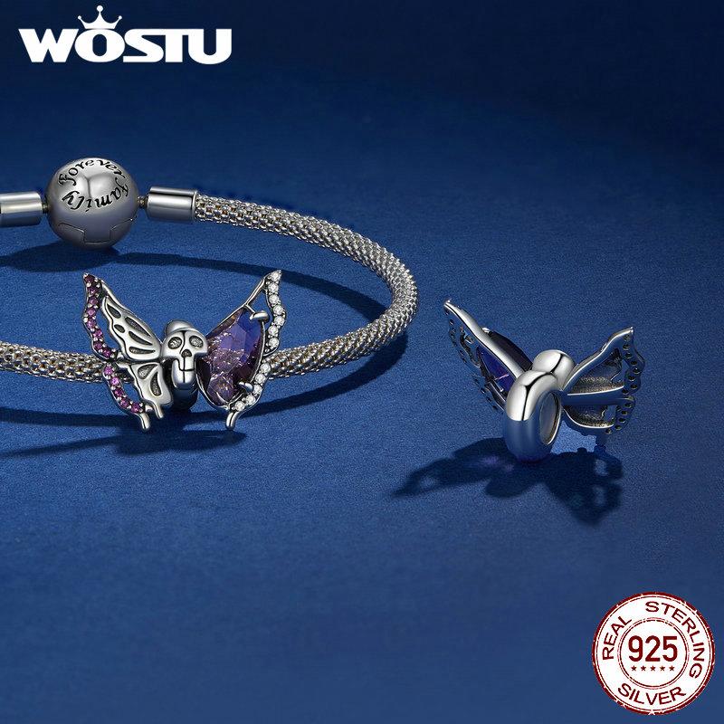 WOSTU 925 Sterling Silver Halloween Gift Purple Pendant Punk Skeleton Hand Bead Skull Butterfly Charm Fit DIY Bracelet Necklace