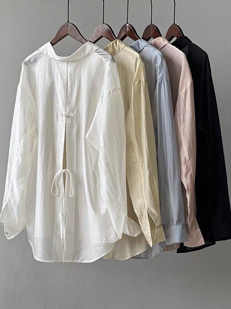 Women's Summer Loose Fit Tencel Shirt with Frog Buttons and Tie-Back, Turn-Down Collar, Sun Protection