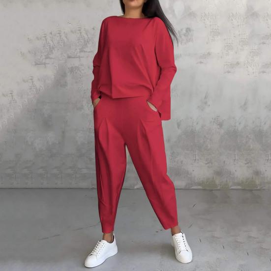 2 Pcs/Set Fall Spring Women Top Pants Set Long Sleeves O Neck T-shirt Elastic Waist Trousers with Side Pockets OL Commuting Sport Pantsuit Outfit