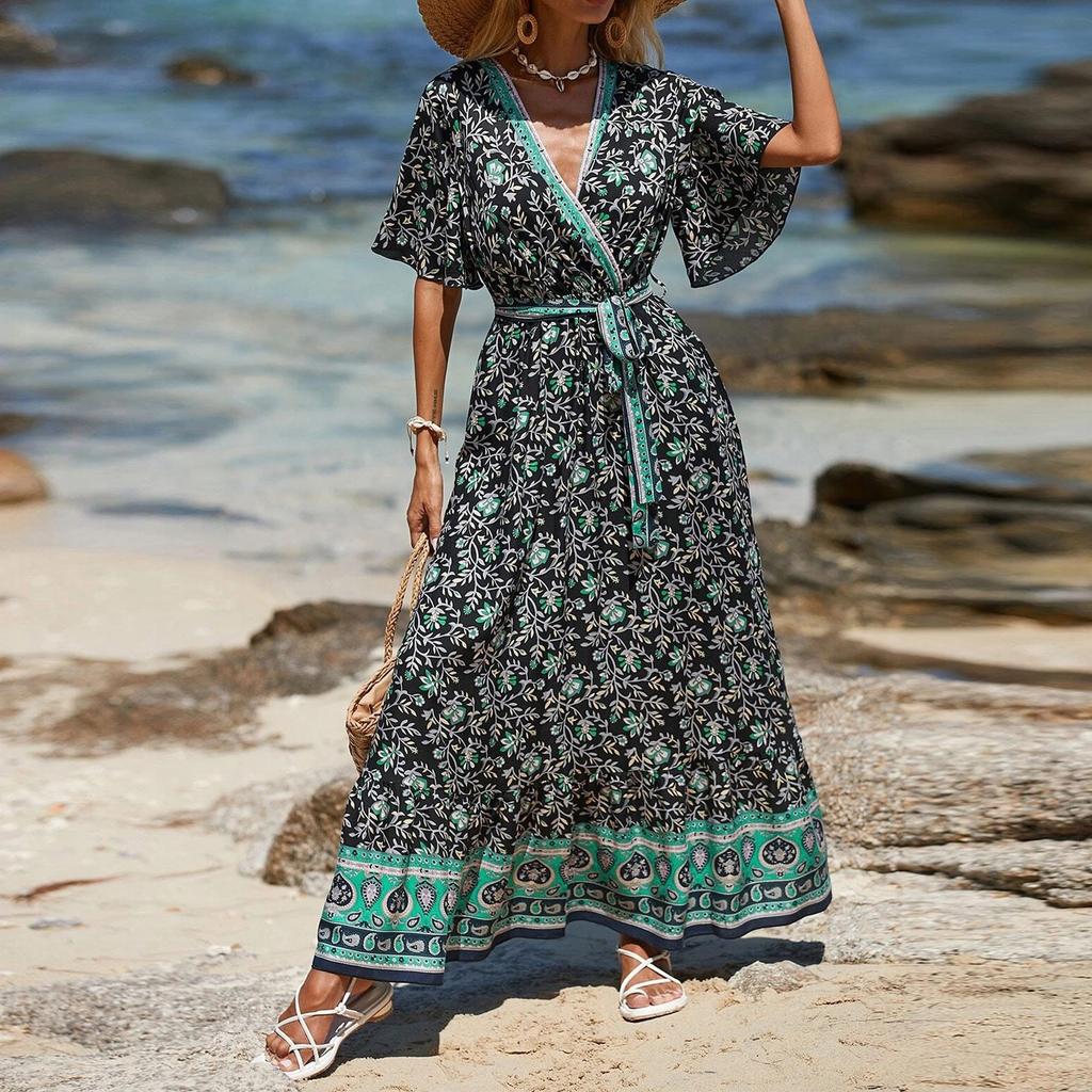 Women's V-neck Lace-up Printed Bohemian Dress Floral Short Sleeve Long Dress