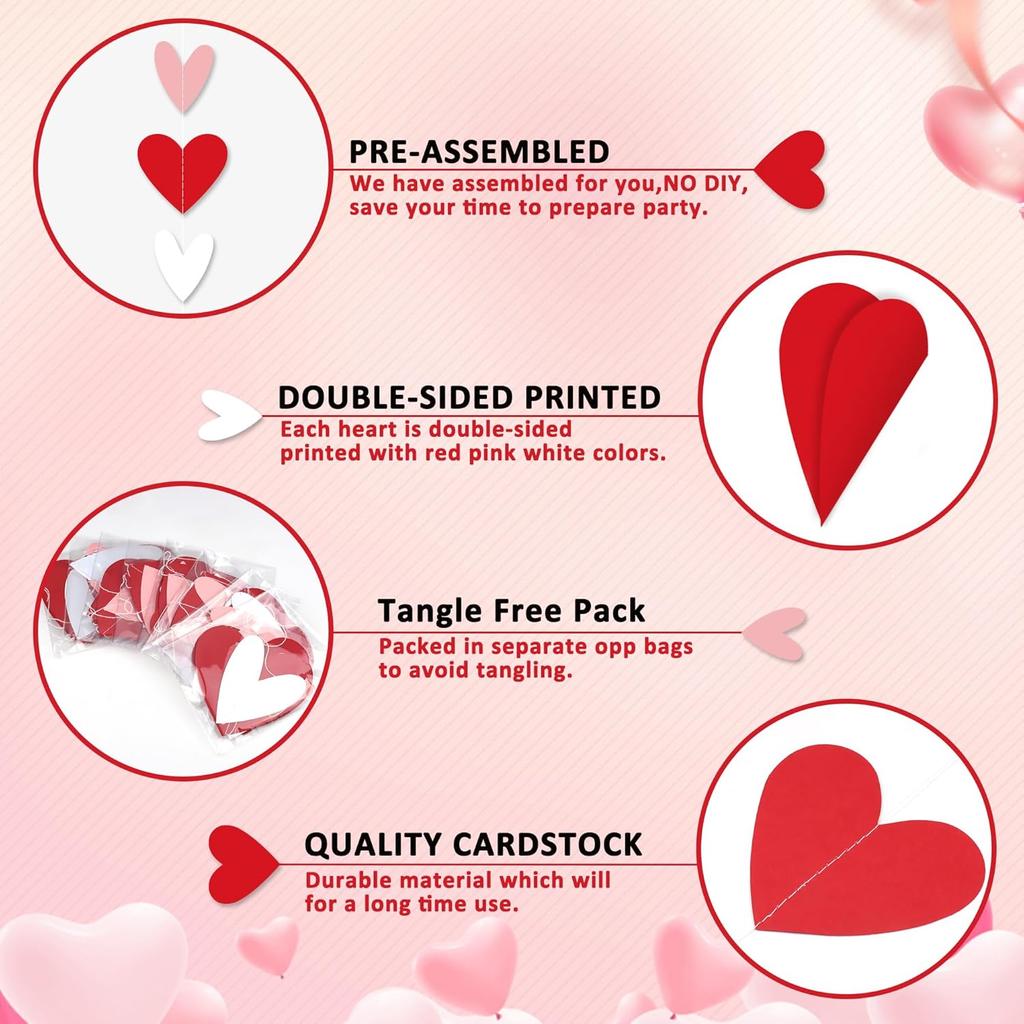 96 Red White Pink Heart Garland - NO DIY - Valentine's Day Party Decorations Supplies, Valentine's Day Hanging String Garland Banner for Wedding