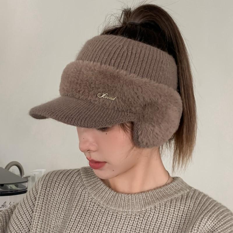 Warm Empty Top Hat Women's Autumn and Winter Ponytail Knitted Baseball Cap Thickened Outdoor Riding Cold Ear Protection Cap