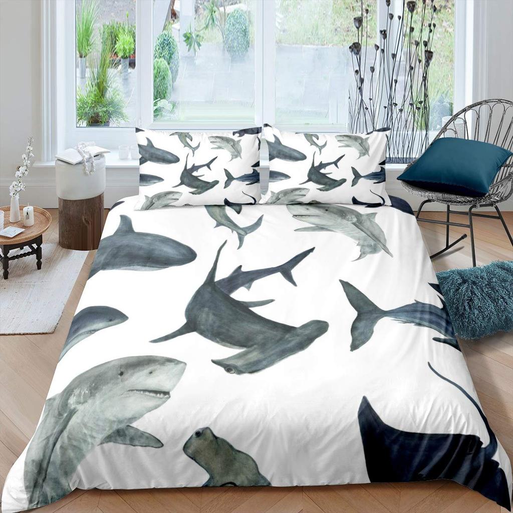 Teens Shark Duvet Cover Ocean Life Pattern Bedding Set for Kids Boys Girls Adult Dolphin Whale Comforter Cover Twin Queen Size