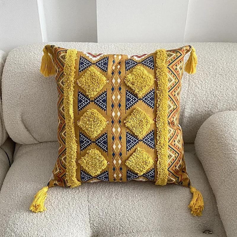 45x45cm Boho Tufted Throw Pillow Cover with Handwoven Stripes Tribal Bohemian Cotton Hand Woven Tufted Square Cushion Covers