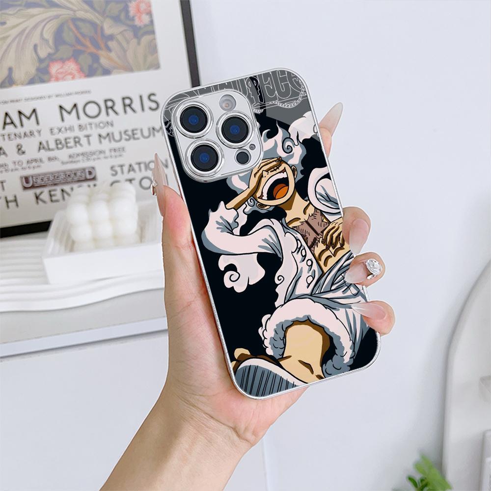 Чехол для телефона N201 One Piece Luffy Gear 5 art для iPhone 16 15 Pro Max 8 Samsung S24 S23 A54 A35 Redmi Note 13 12 Pro с позолоченной рамкой и закаленным стеклом