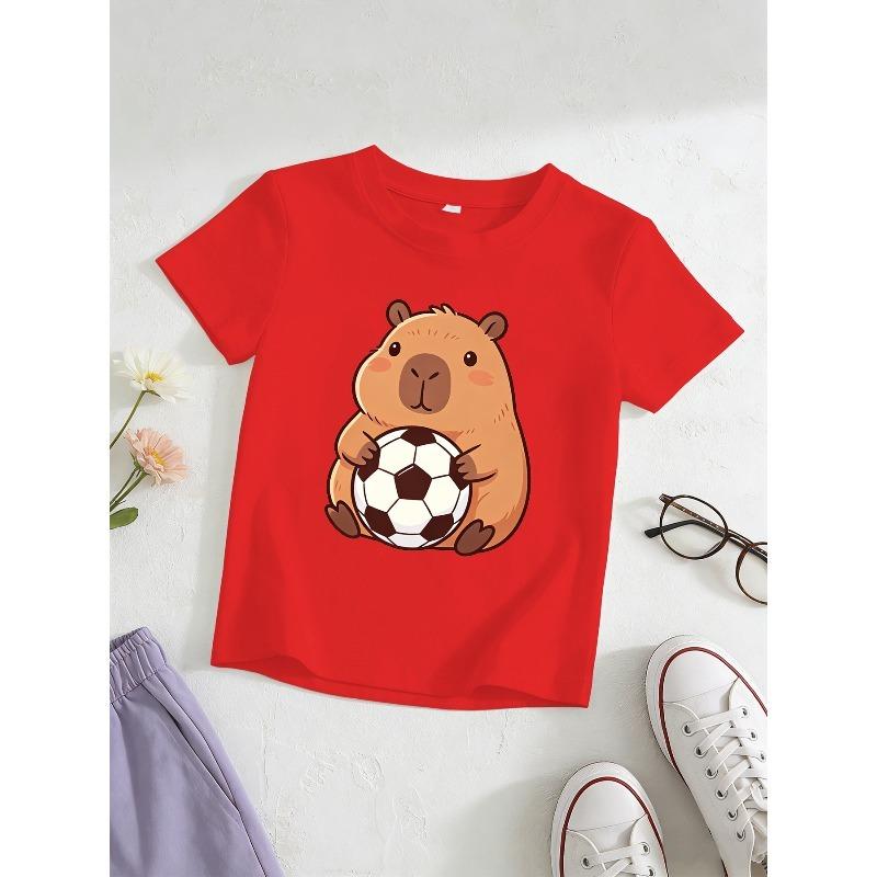 European sizes Girl's Capybara Holding a Soccer Ball Graphic Short-Sleeve T-Shirt, Kids' Summer Casual Top, Comfortable and Versatile