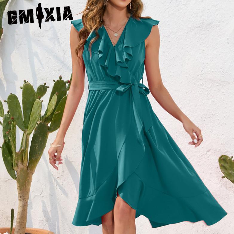 GUMXIA женские модные летние весенние однотонные повседневные платья с длинным рукавом и v-образным вырезом и высокой талией