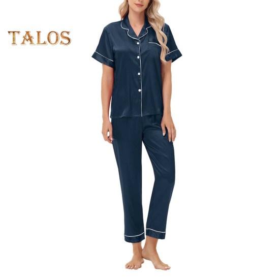 Пижамный костюм из 2 предметов, однобортный, из атласа, шелка, большого размера, кардиган, рубашка с V-образным вырезом, воротник-стойка, однотонная рубашка, широкие свободные брюки, ночная рубашка