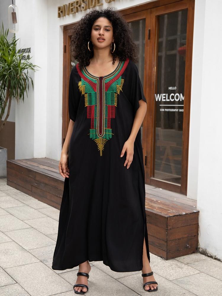 EDOLYNSA Colorful Embroidered Black Women Robe Kaftan Bohemian Long Dress Relaxed Vacation House Dress Swimsuit Cover-up Q1660