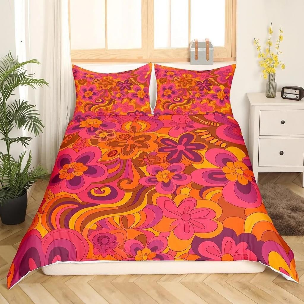 Vintage Boho Flower Printed Bedding Set Colorful Retro Floral Pattern Duvet Cover Pillowcase for Bedroom Decoration