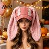 Lady Baseball Cap with Plush Rabbit Ears, Washed Distressed Peaked Hat for Warm Winter Winter, Long Bunny Ear Dance Party Show Festivals Ears