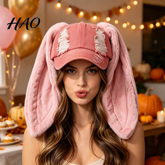 Lady Baseball Cap with Plush Rabbit Ears, Washed Distressed Peaked Hat for Warm Winter Winter, Long Bunny Ear Dance Party Show Festivals Ears