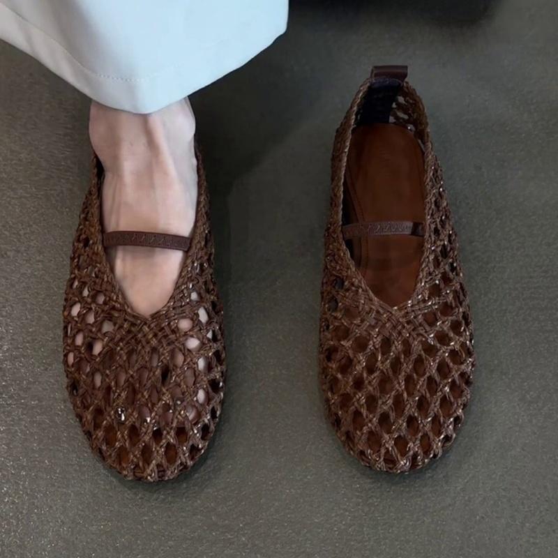 Модные туфли Мэри Джейн женские 2025 Лето Новая мода Ажурные сандалии Тренд Мягкие однотонные туфли на плоской подошве Римский стиль Плетеные женские сандалии на плоской подошве
