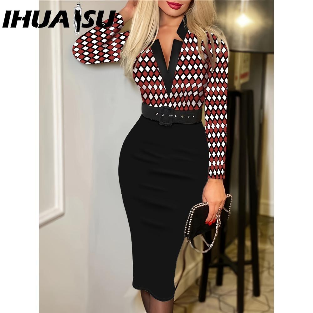 IHUASU Женская мода весенне-осенние повседневные платья с длинным рукавом и v-образным вырезом с высокой талией