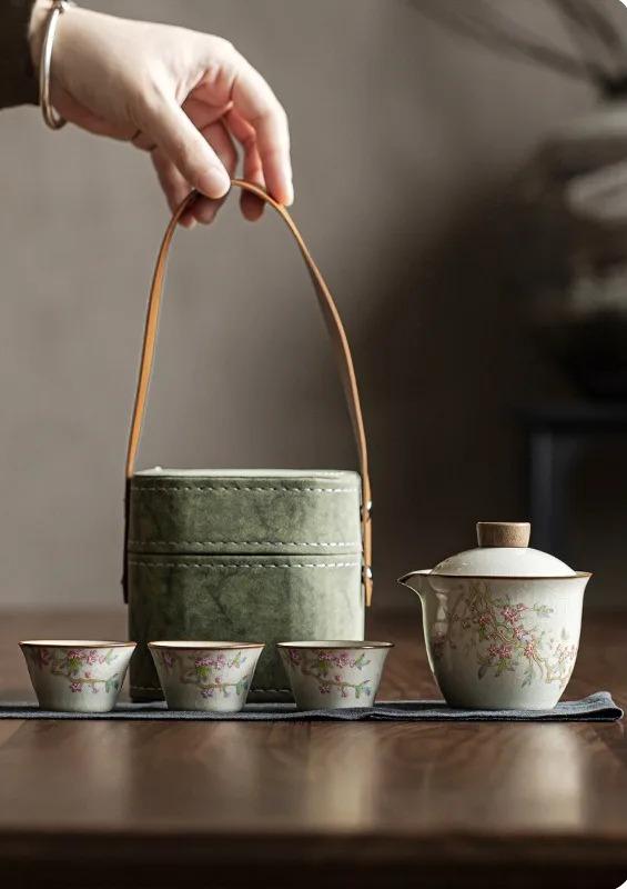 Mihuang Ru Kiln быстрая чашка порошок персик весна три чашки квадратная упаковка керамический дорожный набор для чая кунг-фу портативный