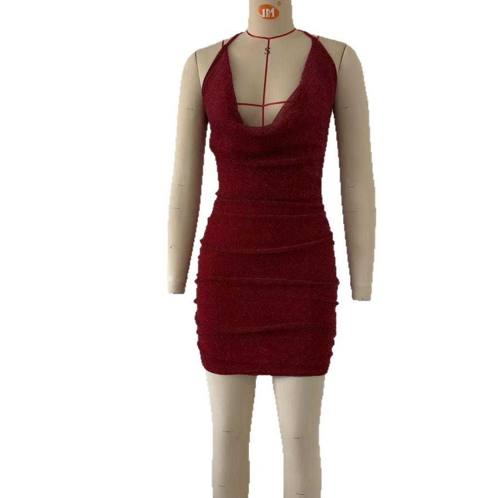 European and American style new women's clothing fashionable and sexy neck-hanging low-cut backless slim-fitting hip-wrapping party dress dress