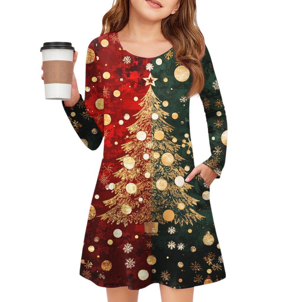 Christmas Day Girls' Long Sleeve Dress - Color Pocket Dress