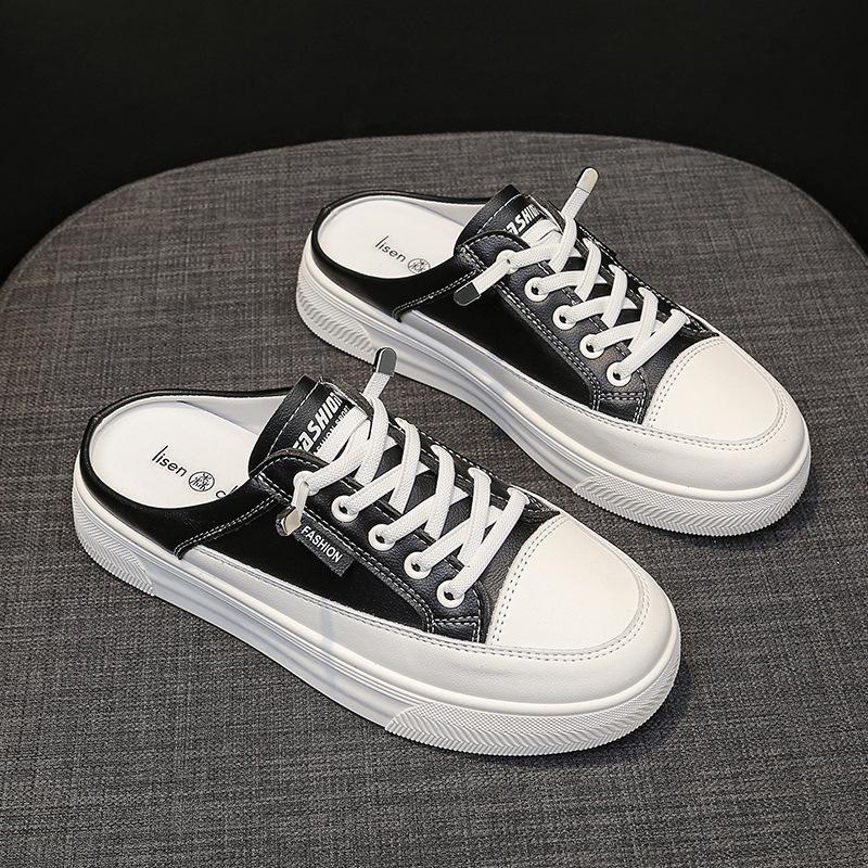 Кожаные полутапочки с сумкой на голову, женская верхняя одежда, весна и лето, новые плоские туфли с одной педалью, без каблука, маленькие белые туфли