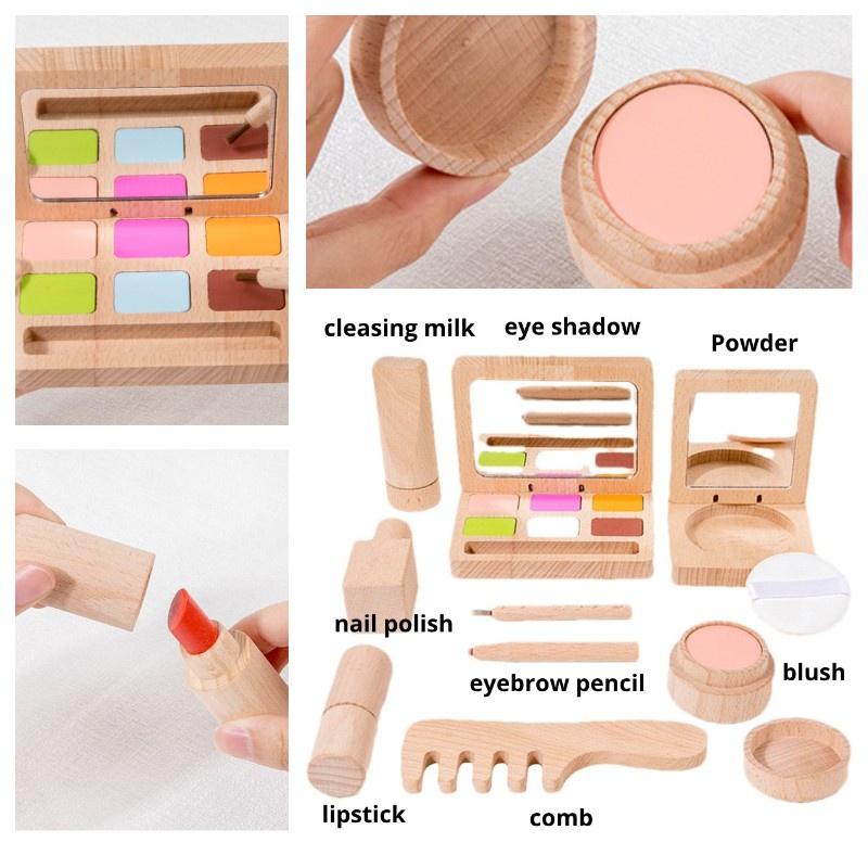 Wooden Makeup Toy Set For Kids Lipstick Eyeshadow Blush Pretend Play Cosmetics Kit