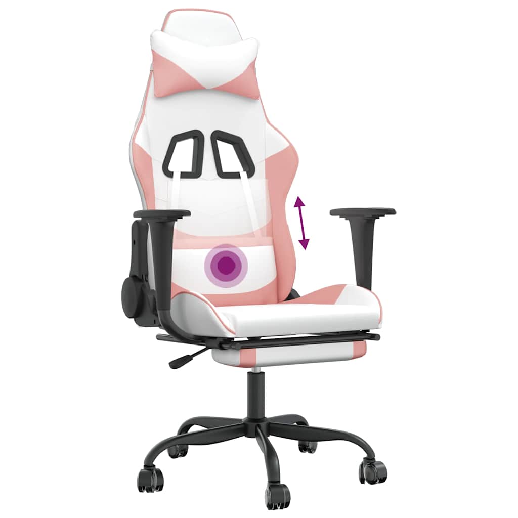 Gaming Chair with Massage Function and Footrest White and Pink PU Leather