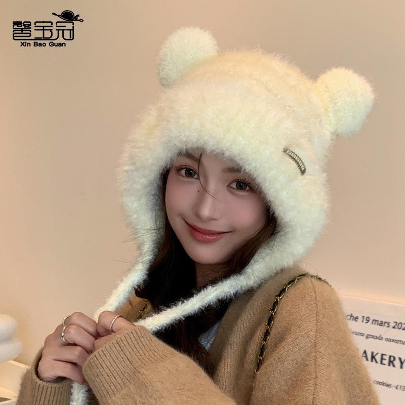 Зимняя милая плюшевая шапка с медвежонком, женская ветрозащитная шапка из вязаной шерсти с защитой ушей, чтобы согреться и не замерзнуть, и подчеркнуть маленькое лицо