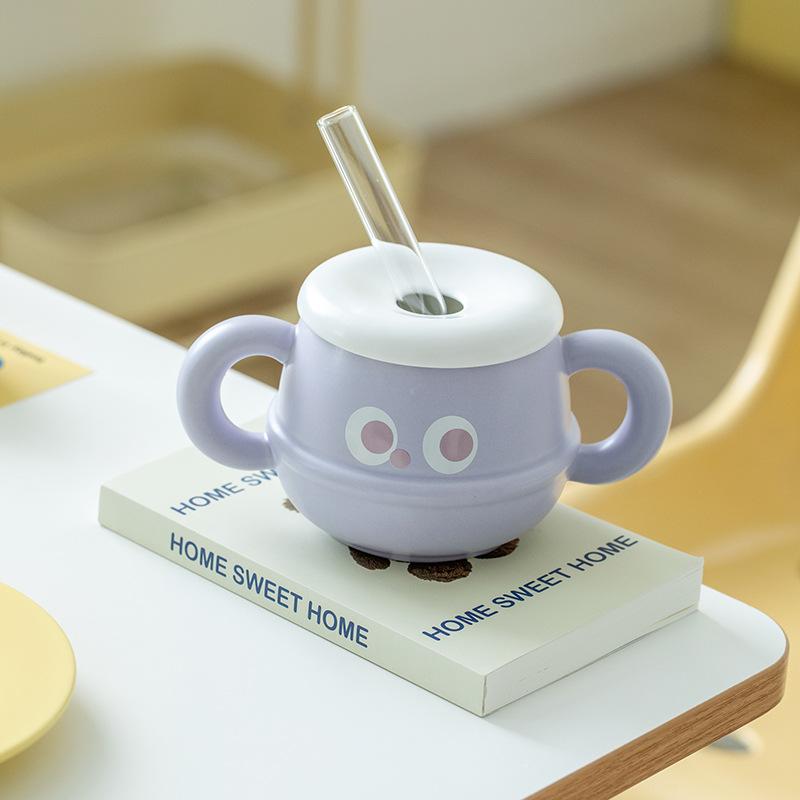 Ceramic mug with lid Student office Double handle Straw cup Expression ins Ceramic cup office