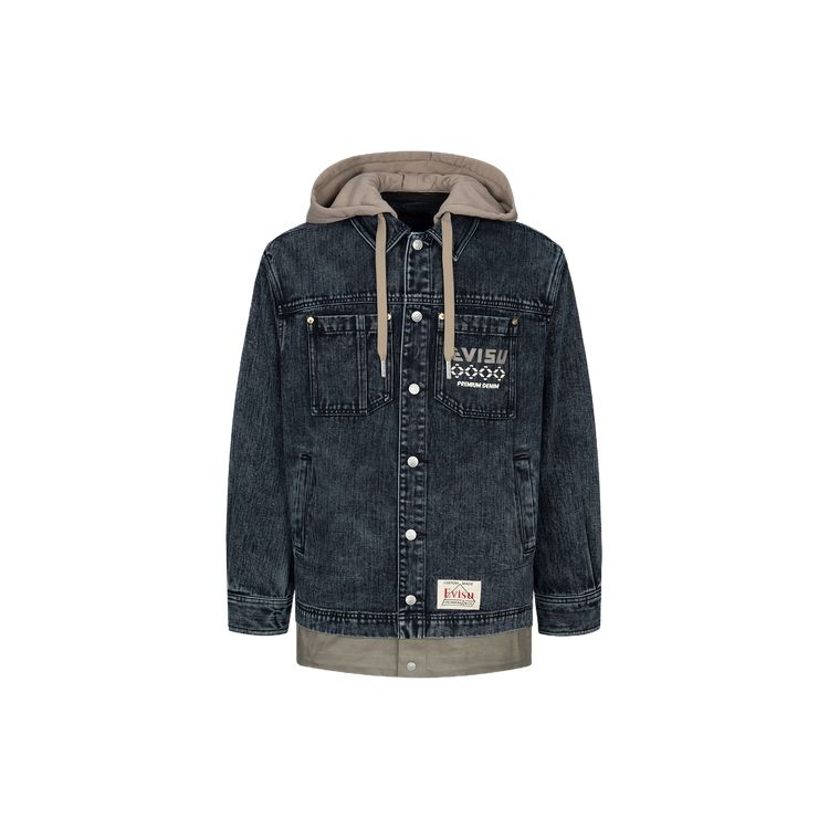 Evisu AW23 Двухкомпонентная Съемный Капюшон Оверсайз Джинсовая Рубашка-Куртка Мужские куртки Черный 2EAHTM3SJ1025LFDN
