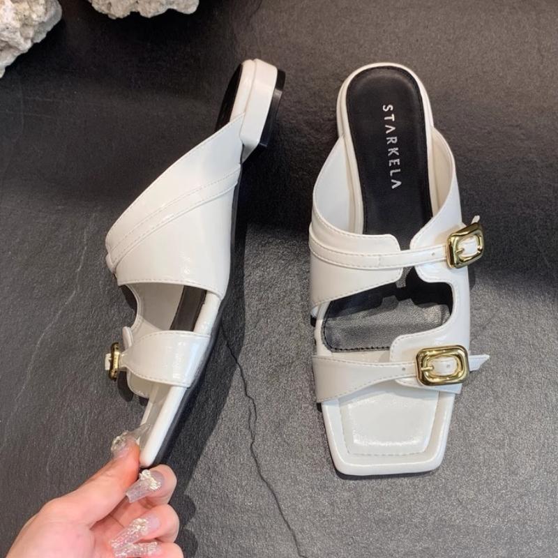 Fashion Metal Buckle Decoration Moccasin Low Heel Slippers Women Fashion Square Toe Open Toe Slide Sandals Casual Ladies Beach Sandals