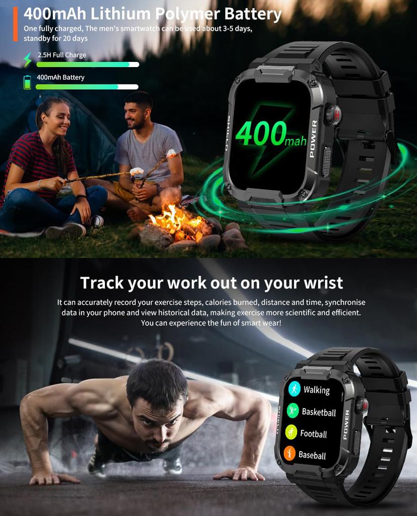 Smart Watch for Men Military Smart Watches IP68 Waterproof Smartwatch Bluetooth Call Outdoor Tactical Sports Rugged Fitness Tracker for iPhone Android