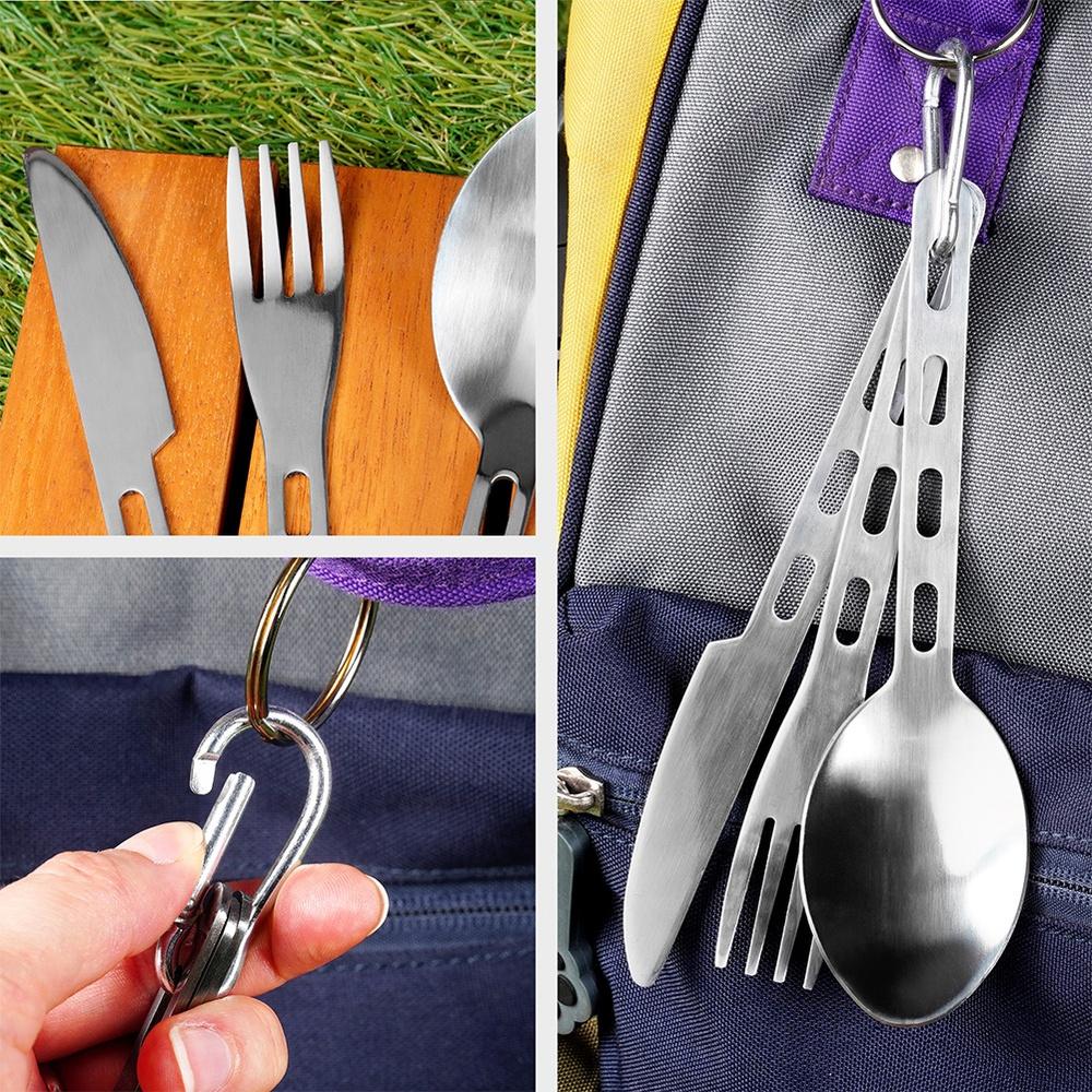 3x Tourist Picnic Travel Cutlery Steel Spoon Knife Fork