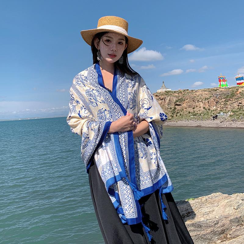 Summer cotton and linen feel scarf travel silk scarf sun protection air conditioner large shawl women's beach towel ethnic style scarf