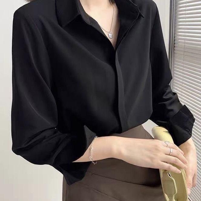Temperamental Black Chiffon Long Sleeve Blouse - Women's Autumn French Style Professional Top