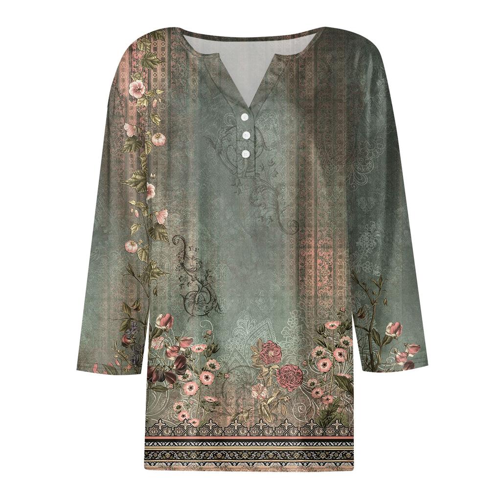 Повседневные модные топы для девочек с принтом, футболка с семью рукавами и пуговицами