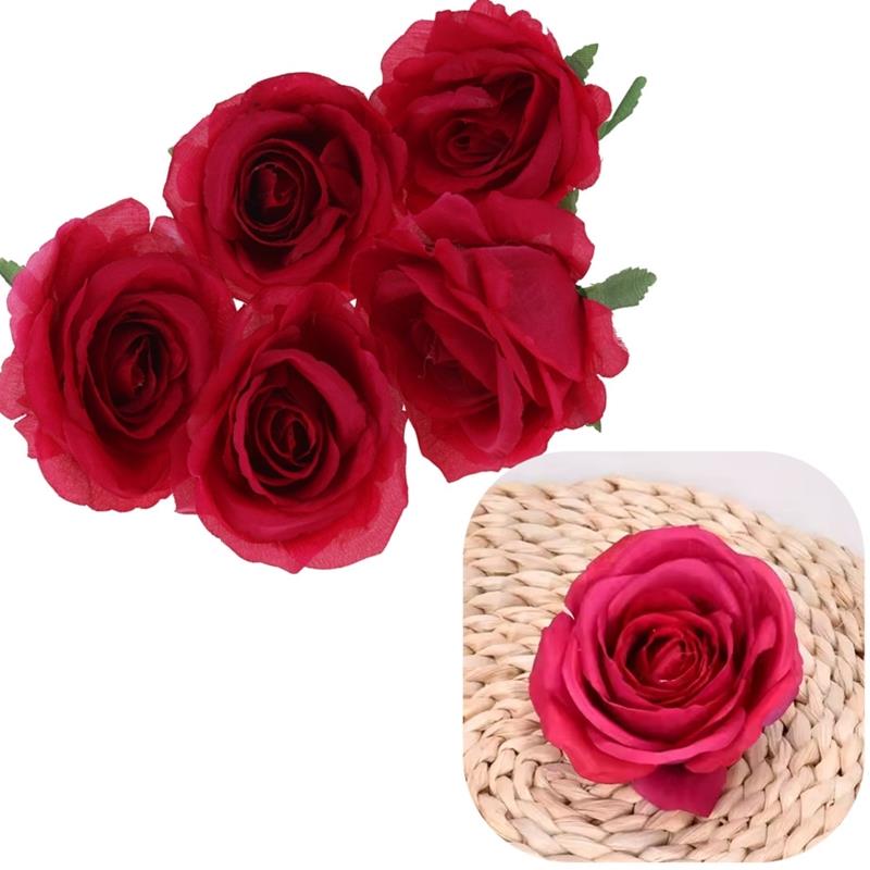 Rose Head Product Artificial Flowers For Decoration 5 Pcs Dark Pink
