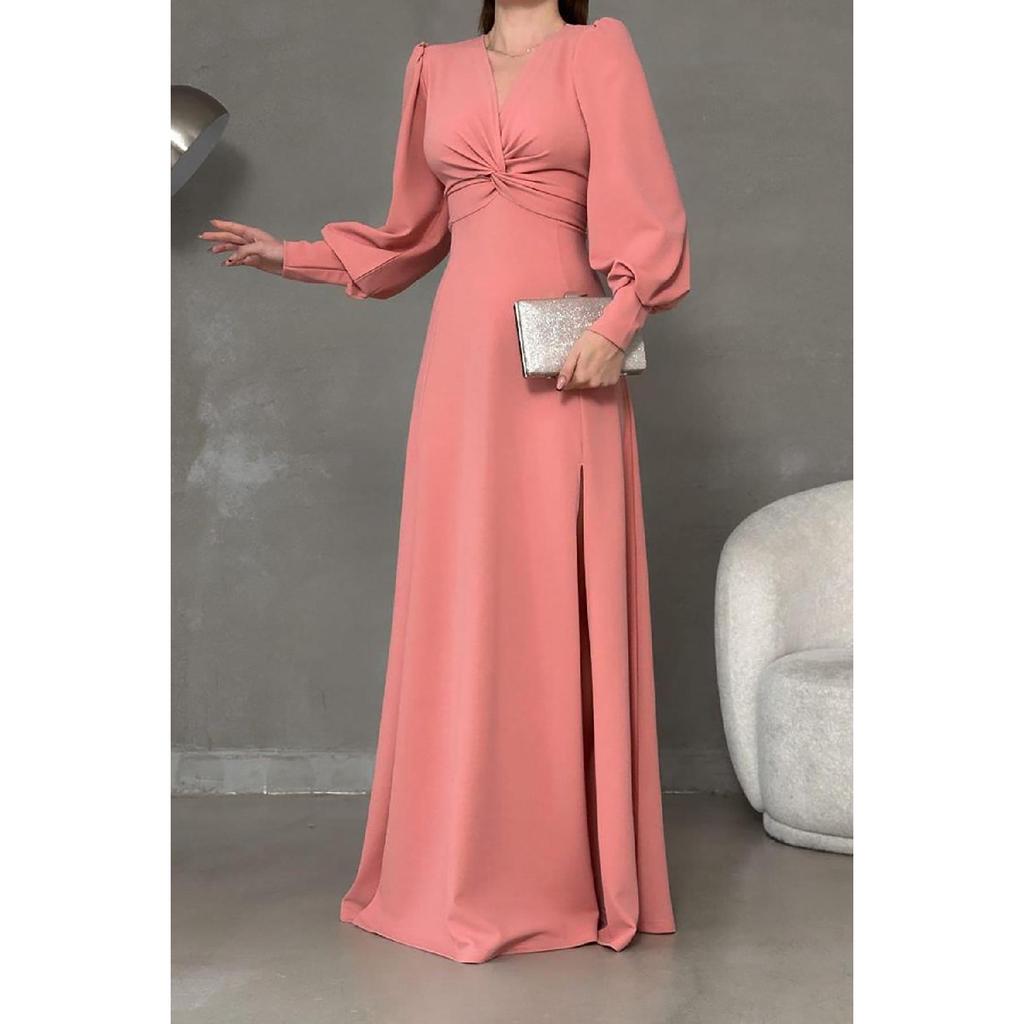 Black Crepe Fabric Front Knot Detail Maxi Length Long Sleeve Double Slit Dress