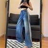 2024 Women's Blue Washed Distressed Retro Jeans with Three-Bar Stripes, Large-Size Straight Trousers for Autumn and Winter.