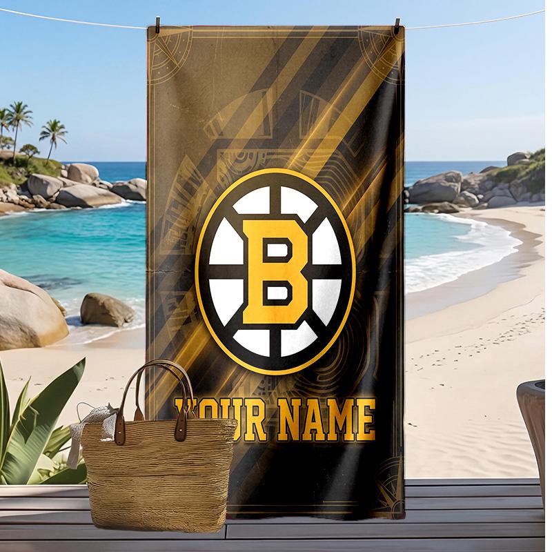 Boston Bruins Custom Beach Towel, Print Your Name Text Lightweight Absorbent Towel for Swimming Travel