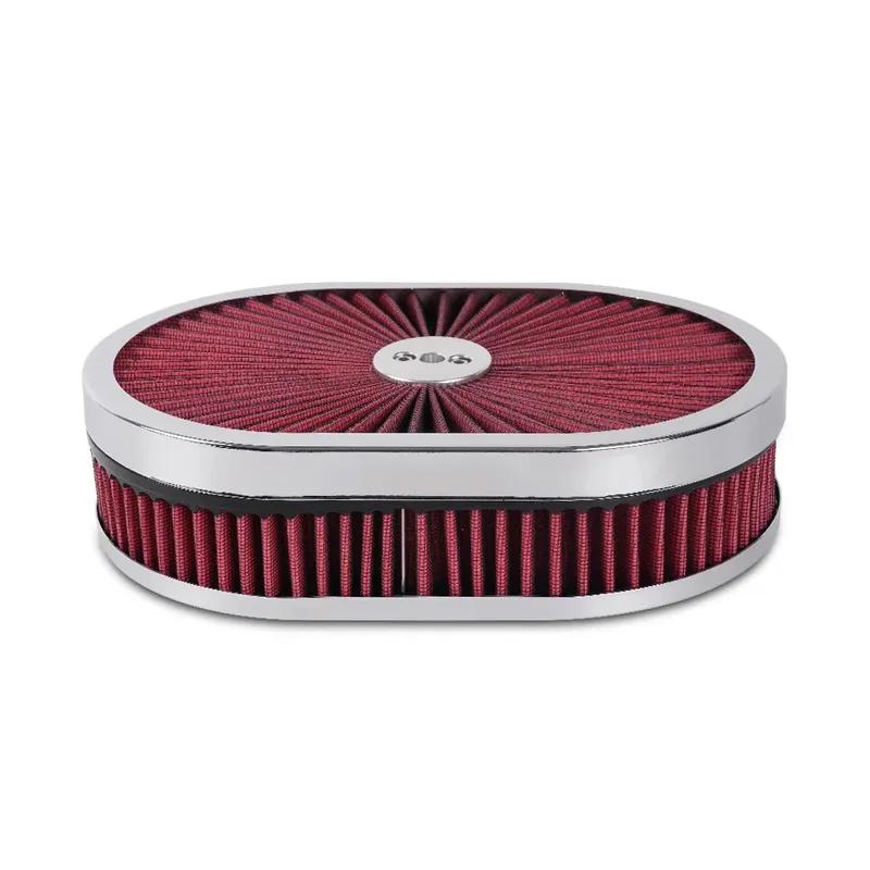 High Flow Chrome 12"x2" Oval Air Cleaner Filter Assembly 5-1/8" Carb Neck w/ Flow-Thru Lid for GMC Chevy Ford Chryler Dodge