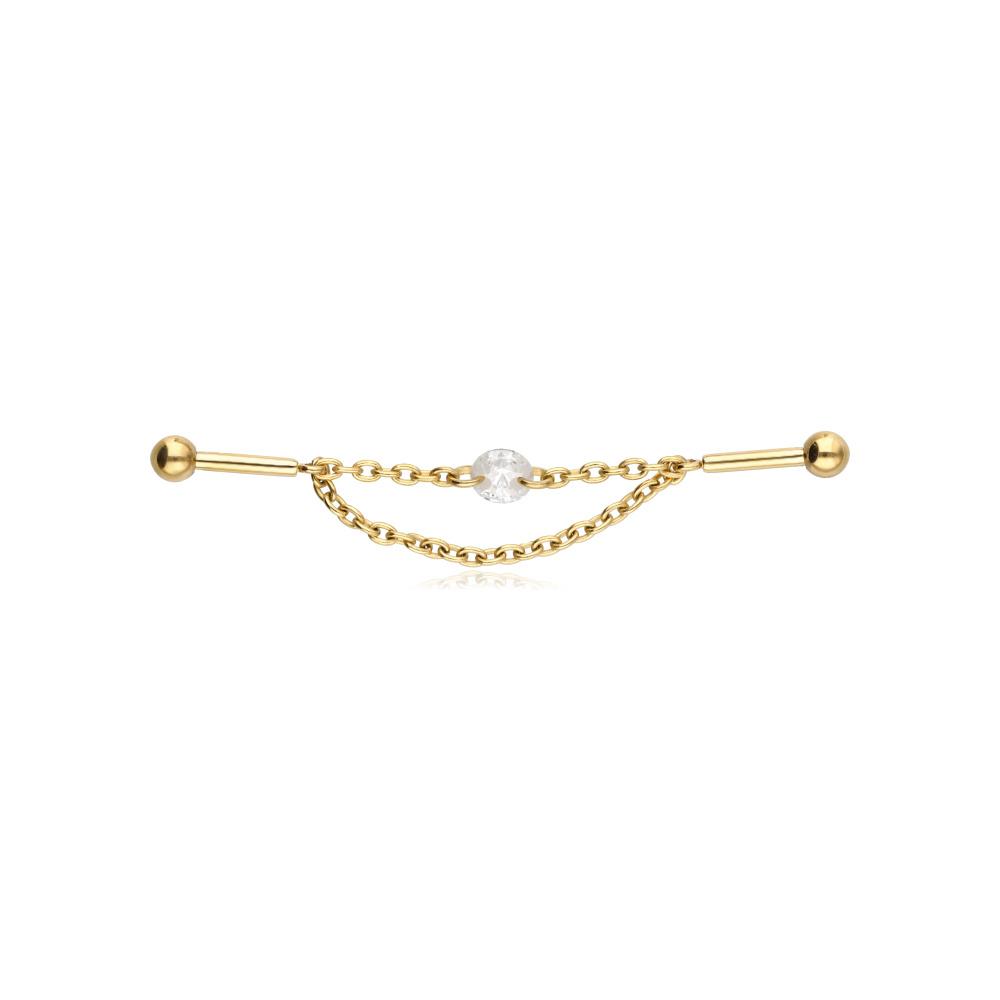 Titanium Earring With Chains And White Zircon - Gold - Tsz-018 1.2/38/3