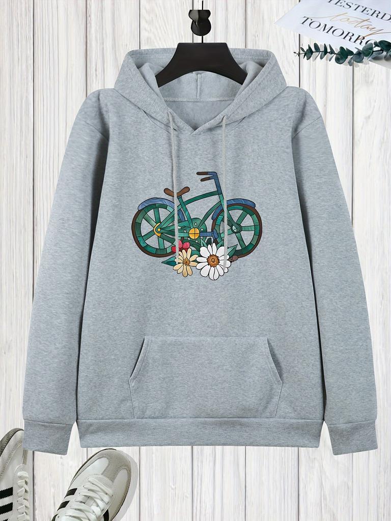 Navy Blue Floral Bicycle Print Hoodie - Casual Fall/Winter Knit Pullover with Front Pocket