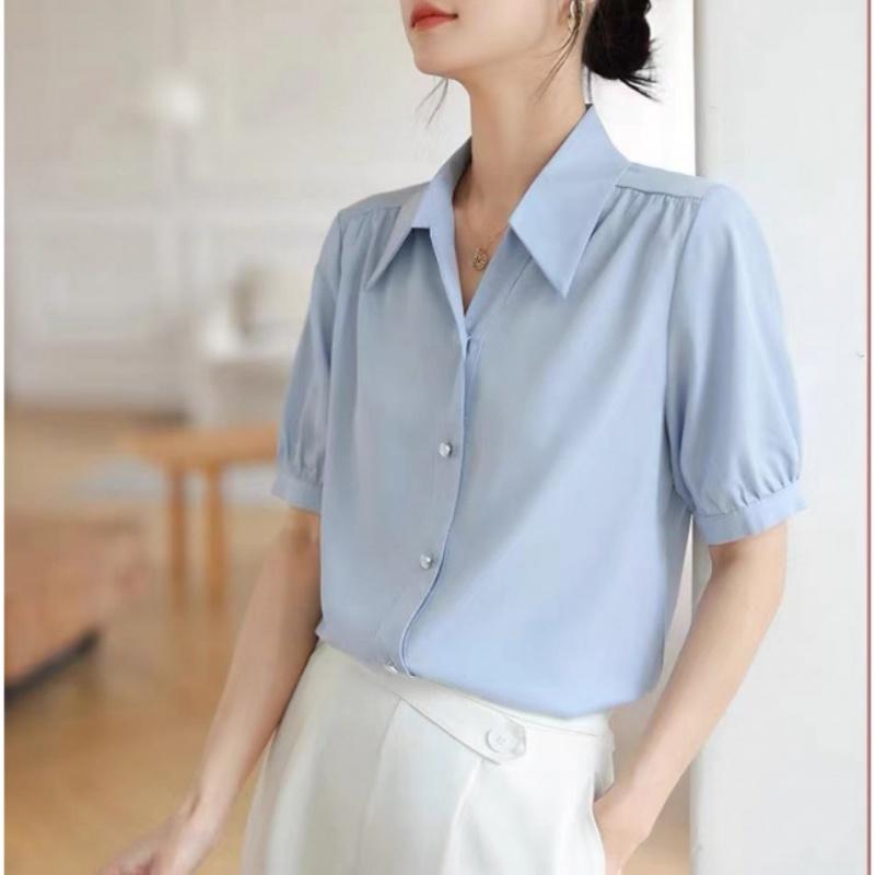 Синяя рубашка с короткими рукавами, женская летняя рубашка с V-образным вырезом, профессиональный темперамент, формальное платье, свободный топ с рукавами-фонариками