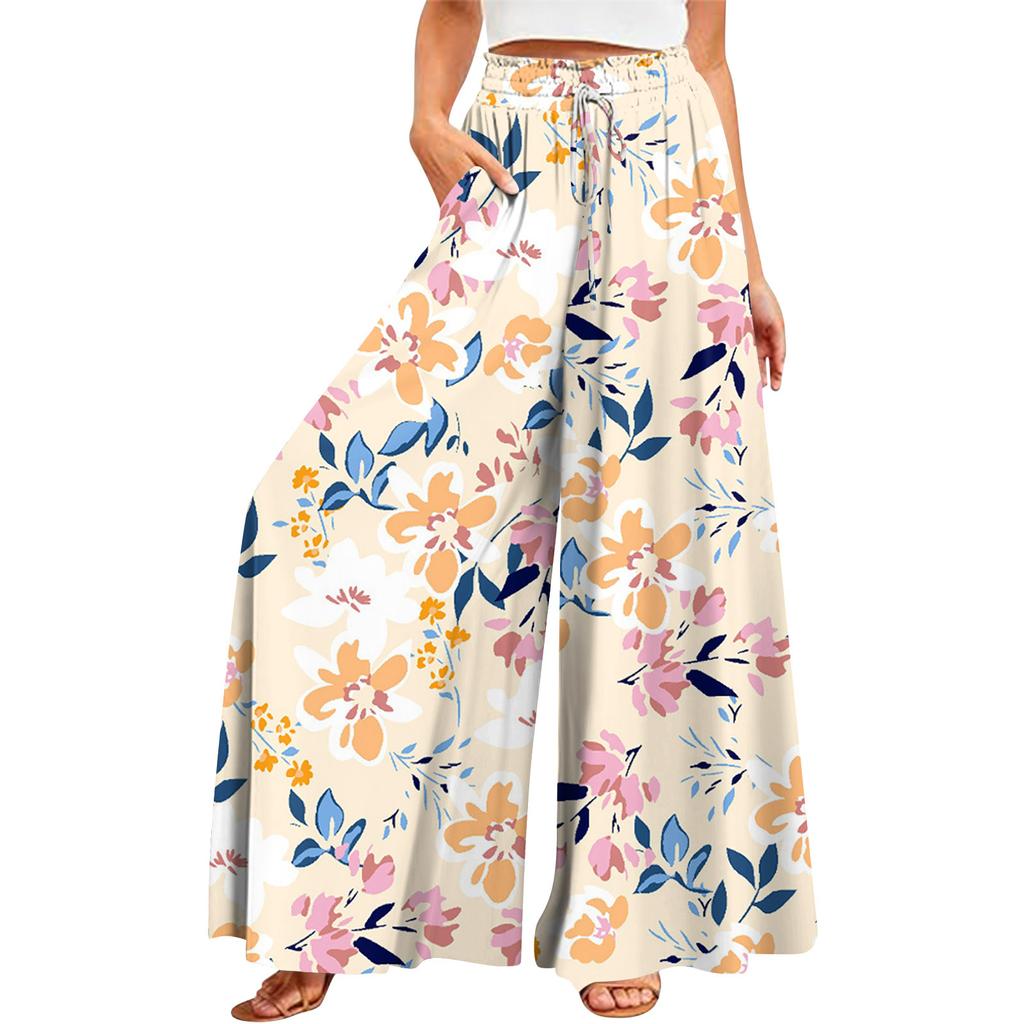 Женские летние широкие брюки с высокой талией и струящимися карманами, модные повседневные повседневные пляжные брюки в богемном стиле с принтом