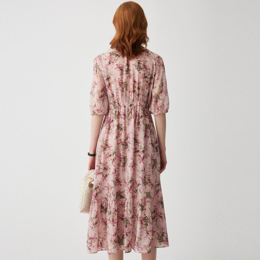 Rose Blossoms Spring and Summer V-neck Slimming Temperament Printed Silk Dress