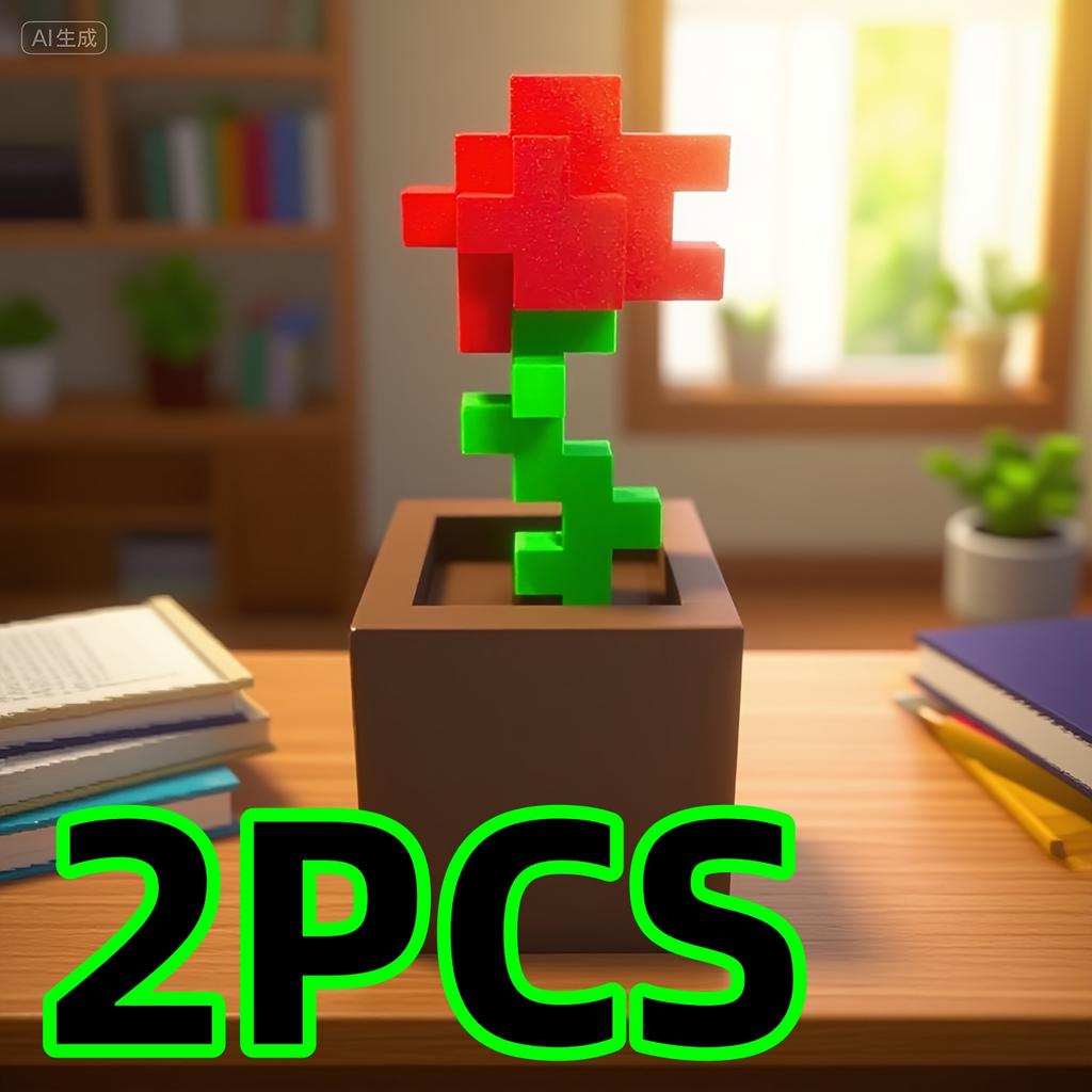 1/2 Piece Pixel Rose-Shaped Ornament 3D Printed Potted Pixel Rose Small Red Flower Pot Desktop Ornament Home Living Room Office Decoration Holiday