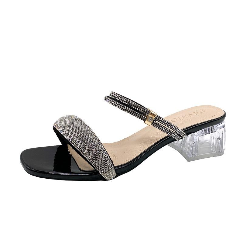Крутые шлепанцы на высоком каблуке, женские летние, новая модная фея со стразами, средний каблук, два способа носки, модные шлепанцы